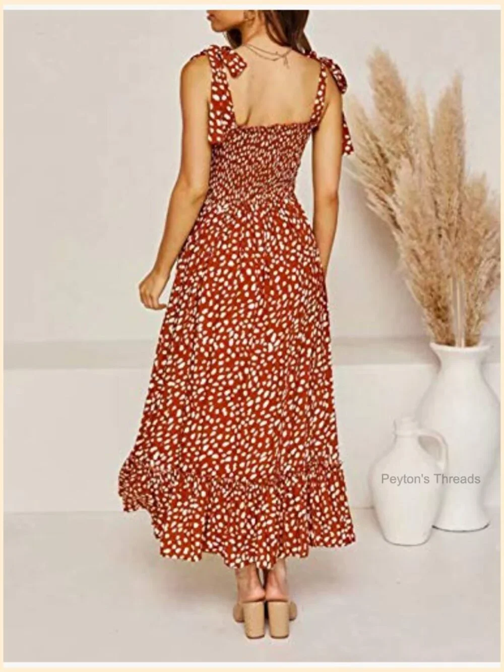 Cotton/Rayon Midi Dress with Irregular Polka Dot Ruffle Hem and Adjustable
